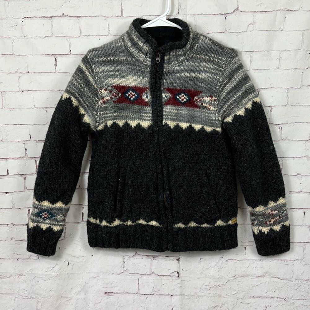 Laundromat Sweater Womens Large Cardigan Fair Isle Full Zip 100% Wool Gray